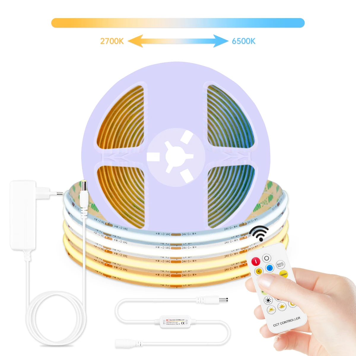 CCT COB LED Strip Lights High Density 576 LEDs/m Flexible Dimmable FOB Led Tape 2700K to 6500K Changeable DC24V LED Lighting Kit