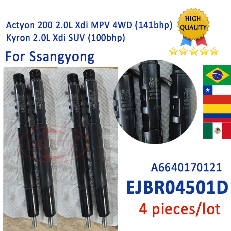 4PC Nozzle EJBR03401D Injector A6640170021 6640170221 EJBR04501D A6640170121 EJBR03301D For SSANGYONG Kyron Actyon Euro 4/3