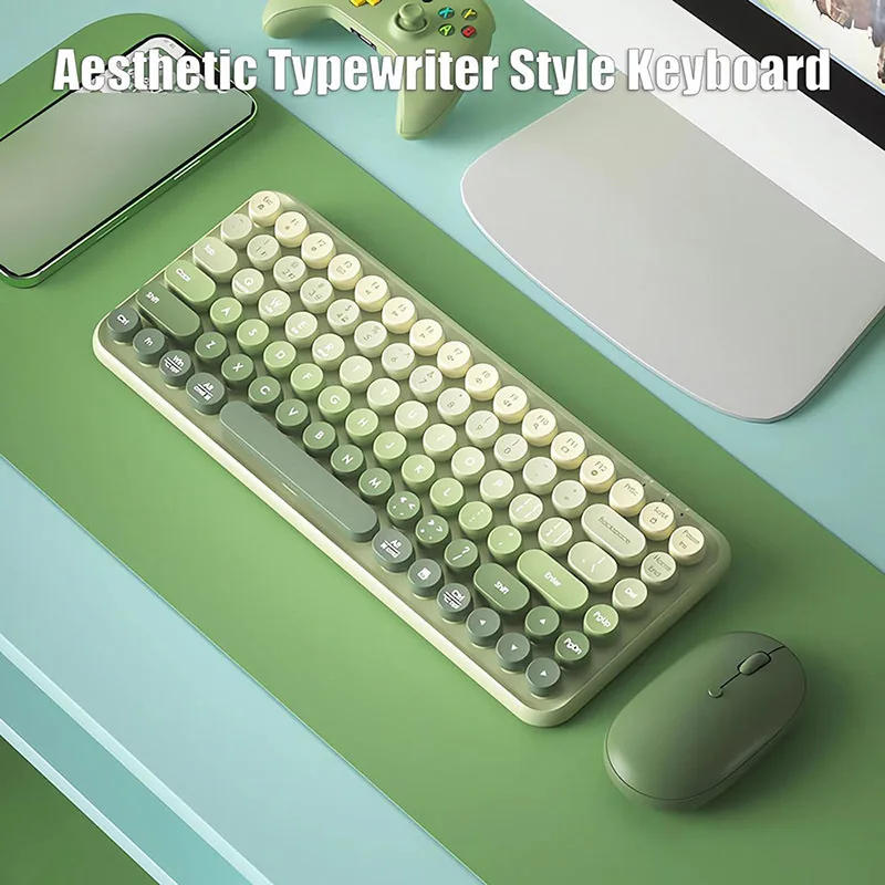 Typewriter Keyboard Wireless 2.4GHz/Bluetooth/USB-C Wired Rechargeable Membrane Gaming Keyboard 85-Key Retro Round Keycaps