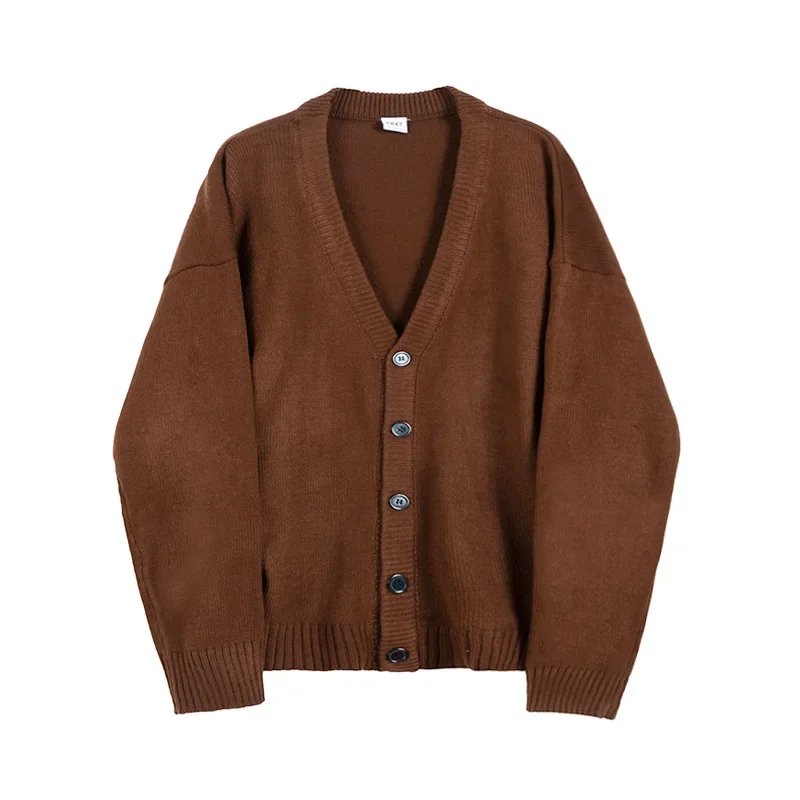 Men All-match Knitted Loose Big Sweater in Spring and Autumn Fashionable V-neck Single-breasted Pure Color Knitted Cardigan Coat