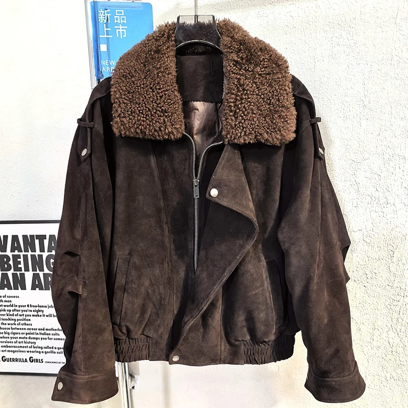ملابس الشتاء امرأة القهوة/الكراميل الرجعية التلبيب سستة الصوف طوق فضفاض موضة جلد الغنم سترة من جلد الغزال أوزة أسفل معطف الإناث #2