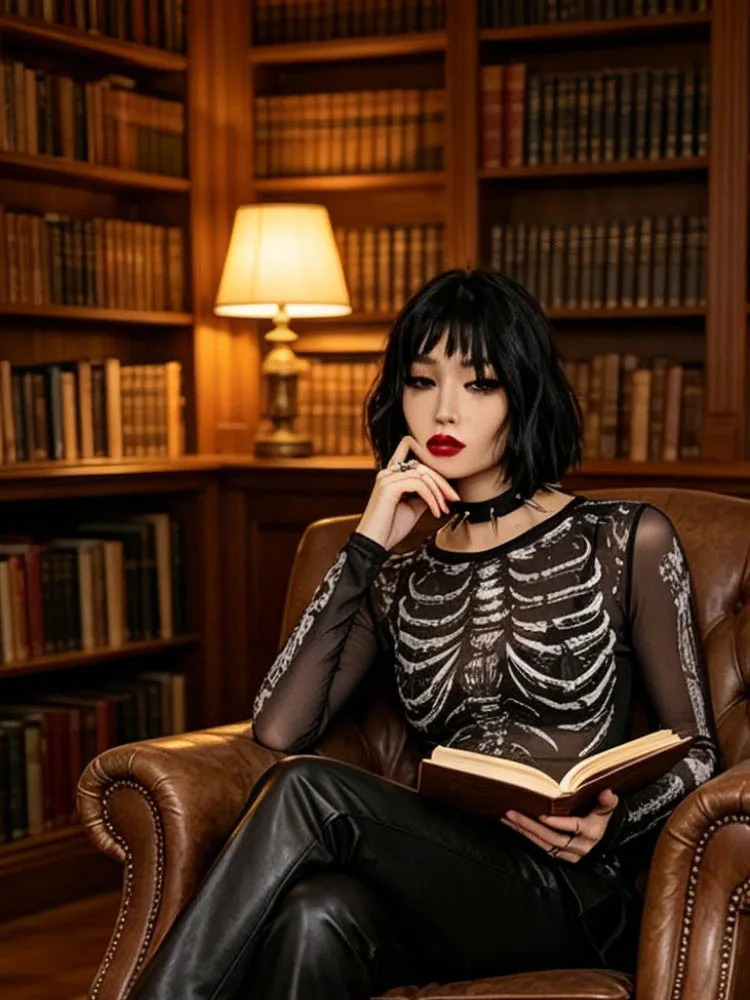 Dark Gothic Punk Shirt 2000s Women's Skull Pattern Round Neck Long Sleeve Black y2k Street Dress
