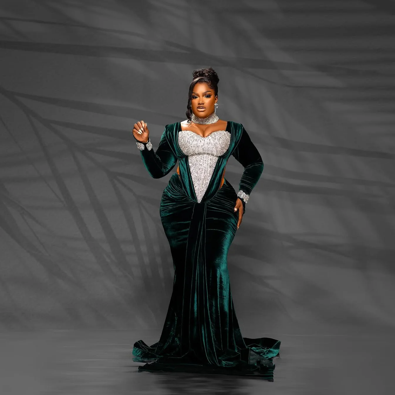 

Aso Ebi African Evening Gowns Trumpet Long Wedding Party Dress Beaded Velvet Luxury Emerald Green Mermaid Prom Dresses Crystals