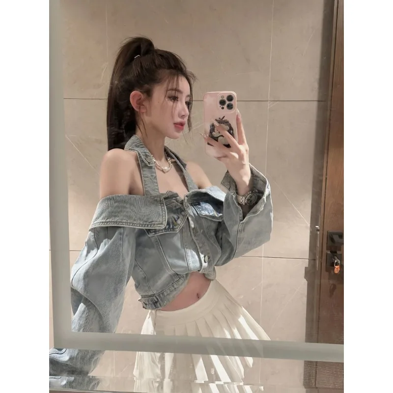 New American Fried Street Spice Girl One-word Shoulder Hanging Neck Off The Shoulder Design Washed Denim Short Jacket Women