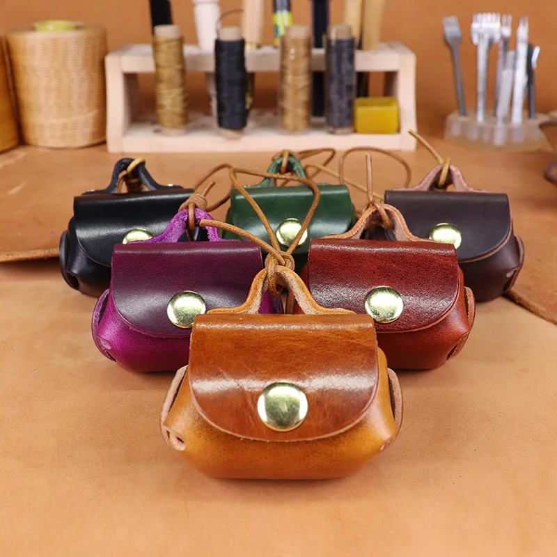 Handmade Full-Grain Vegetable-anned Leather Earbud Case Vintage Rich Waxed Mini Wallet Anti-Scratch Protective Holder&Coin Purse