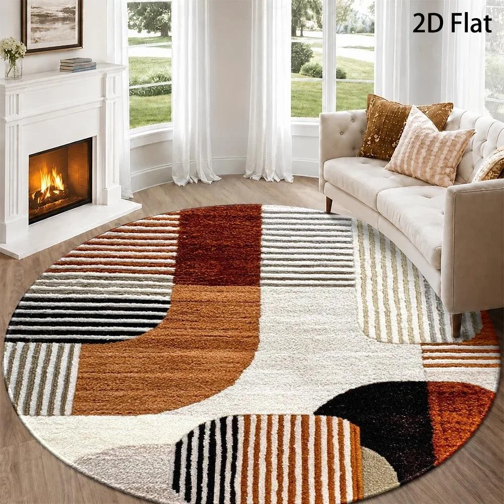Mid‑Century Modern Round Carpet Burnt Orange Black Cream Block Striped Arc Textured Print Circular Floor Rug for Living Room