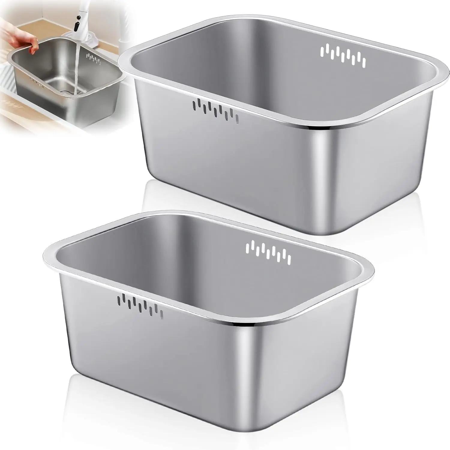 

2 Pack 2.6 Gallons Stainless Steel Basin Large Washing up Bowl Basket Portable Metal Multipurpose Dishpan Dish Tub for Vegetable
