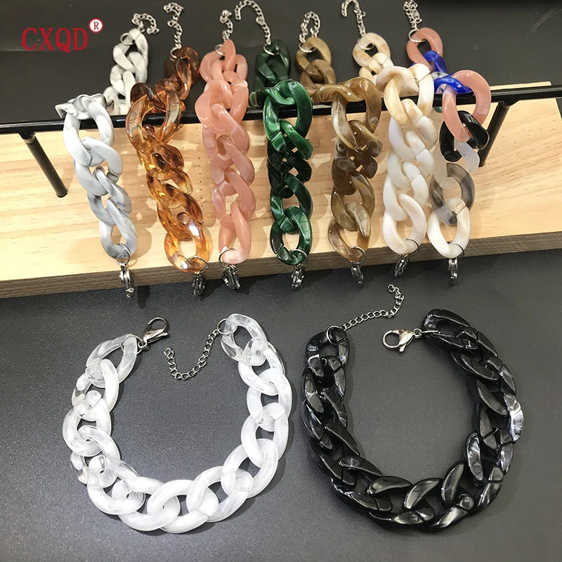 Vintage Stainless Steel Acrylic Thick Chain Bracelet Ladies Multicolor Charm Couple Wristband Jewelry Gift