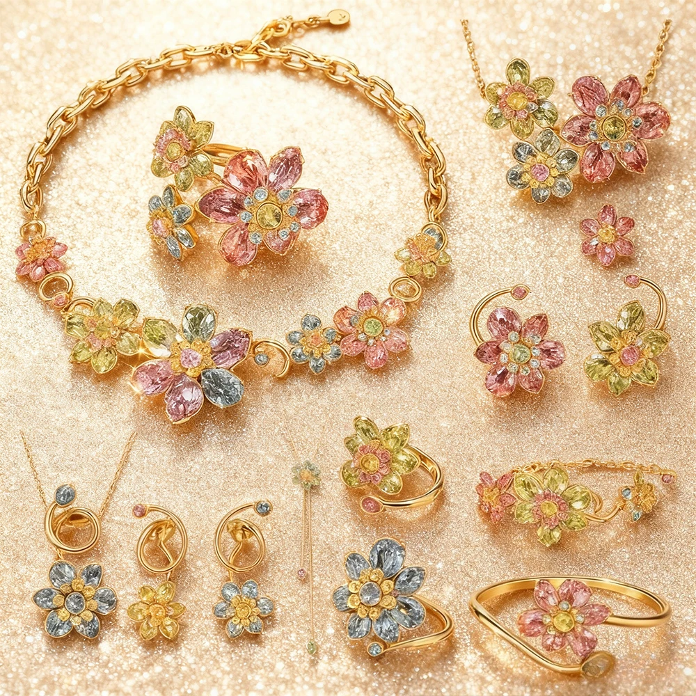

2025 Trendy Jewelry Gorgeous Floral Gold Jewelry Set, Essential Necklace Pendant Bracelet, Earnail Ring for Banquet Parties