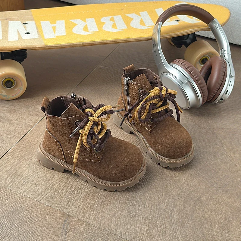 Toddler Boys Casual Ankle Boots, Two-tone Lace Up, Side Zipper, Rugged Non Slip Sole, Stylish Boots for Daily Outdoor Wear