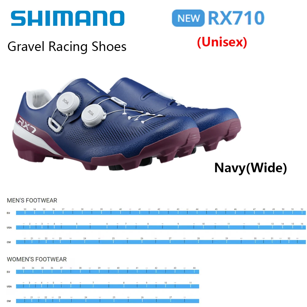 Shimano RX710 gravel racefietschoenen, model SH-RX710, met een middenzool van carbonversterkt DYNALAST 2.0-materiaal. Uniseks gravelfietschoenen met een systeem voor automatisch sluiten.
