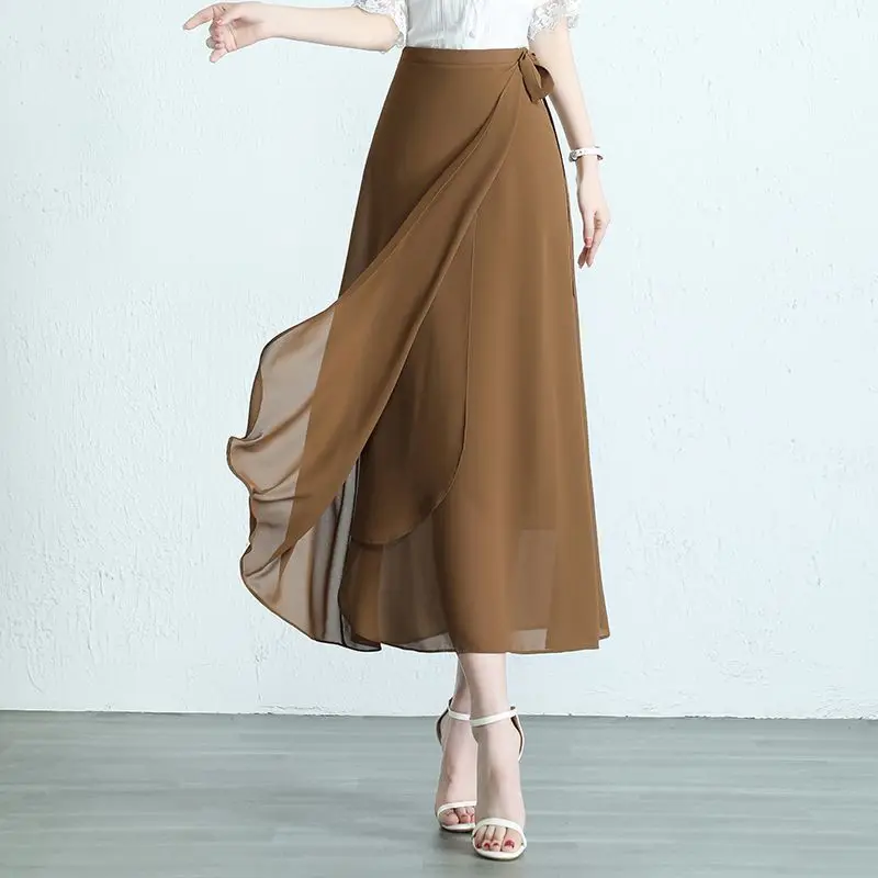 2024 Summer New Women's Solid Color Fashion Thin High Waist Drawstring Spliced Asymmetric Commute Glamorous A-line Chiffon Skirt