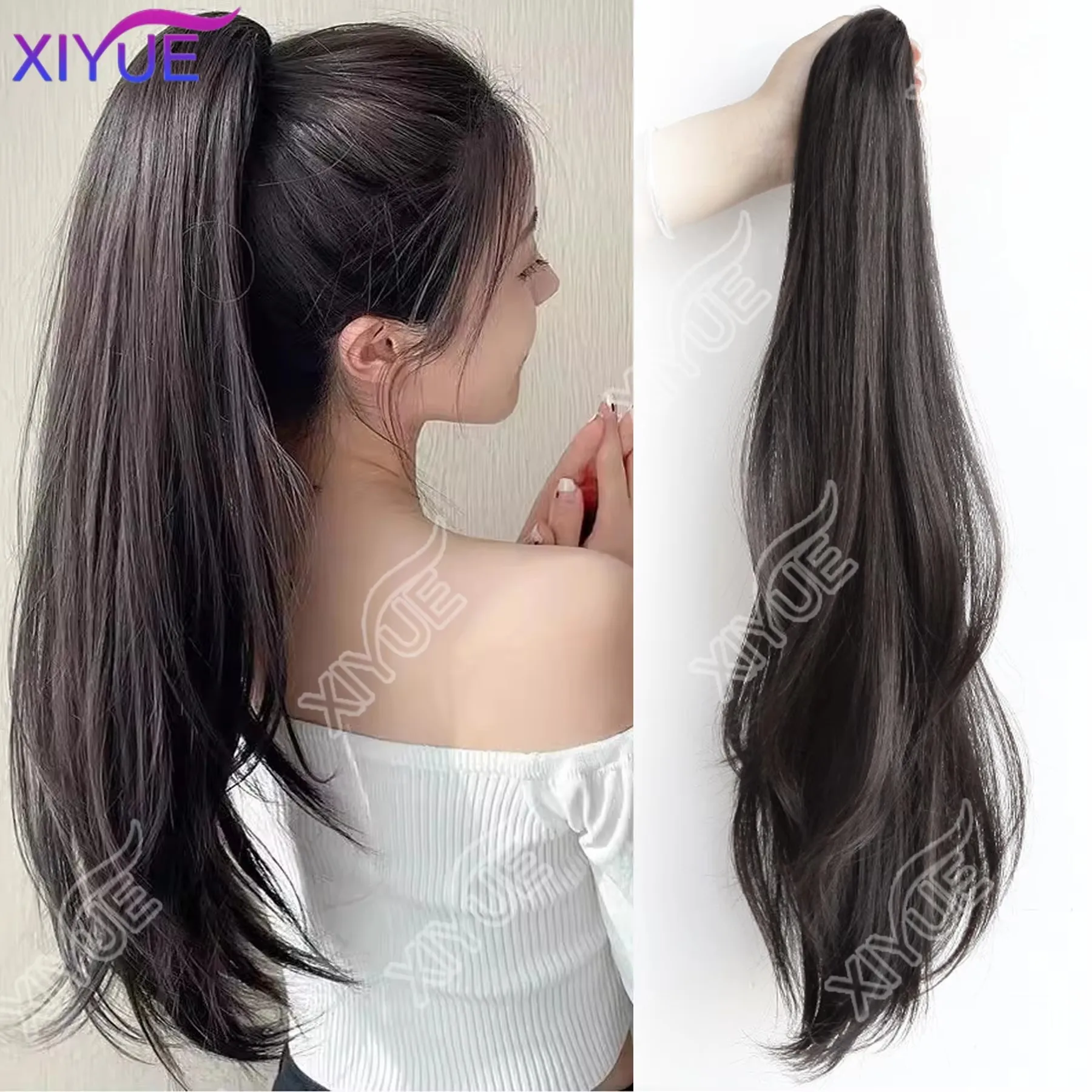 

Synthetic Grab Clip Ponytail Hair Extension Wig Natural Black 60CM Clip On Woman Horse tail Wig Long Straight Hairpiece