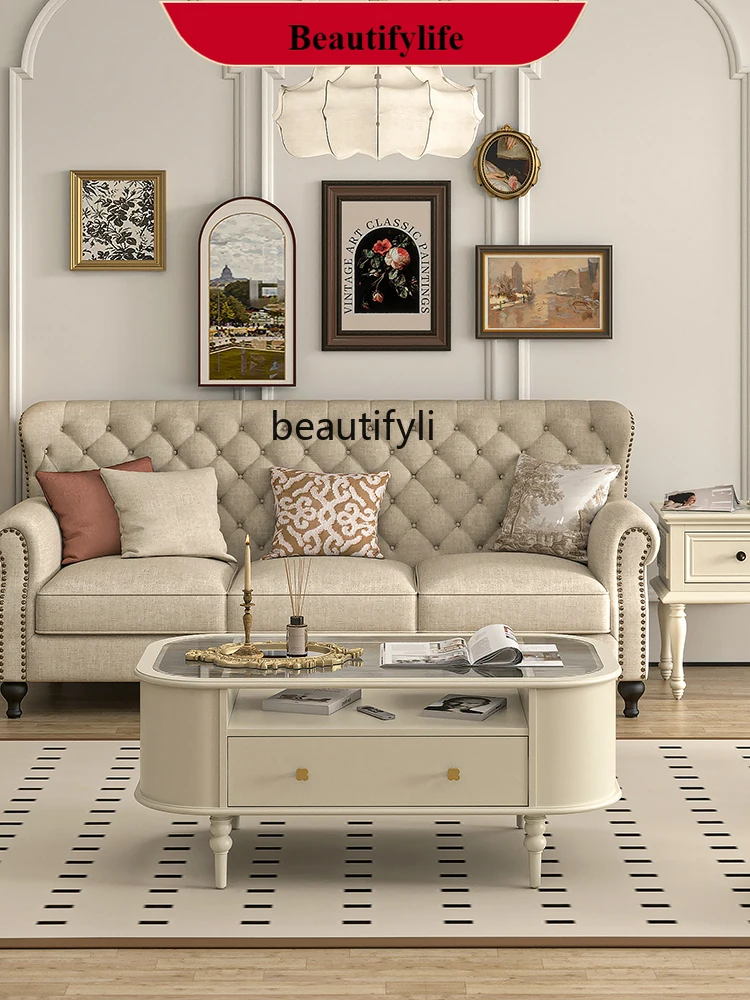 

French Retro Solid Wood Tea Table Movable Small Apartment Living Room Coffee Table New Cream Style Glass Tea Table G1218