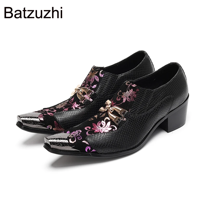 

Batzuzhi Black Genuine Leather Dress Shoes Man 6.5cm Heels Height Men's Shoes Slip on Metal Toe Formal Business, Party, Wedding