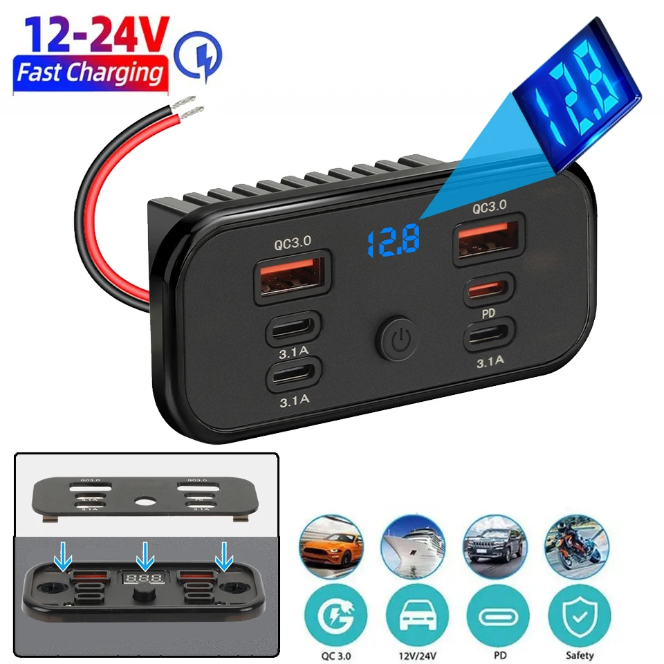 

96W 4/6 Ports PD3.0 & QC3.0 Fast Charging Socket 12V-24V Car Charger Power Adapter with Switch Voltage for Car Truck, RV, Marine