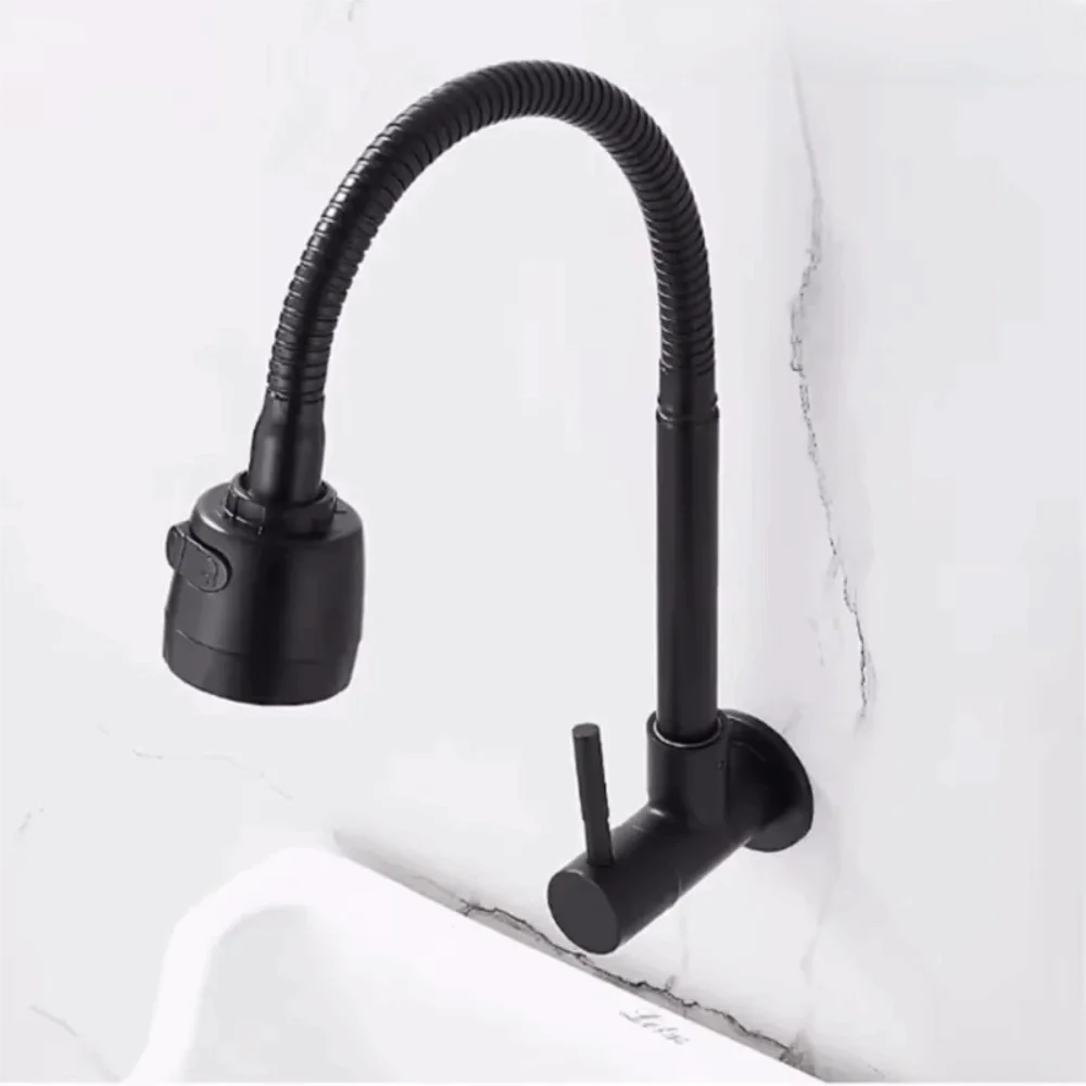 Household Wall Mounted Flexible Hose Kitchen Faucet Stainless Steel Rotatable Sink Faucet Black 2 Modes Water Tap Nozzle Balcony