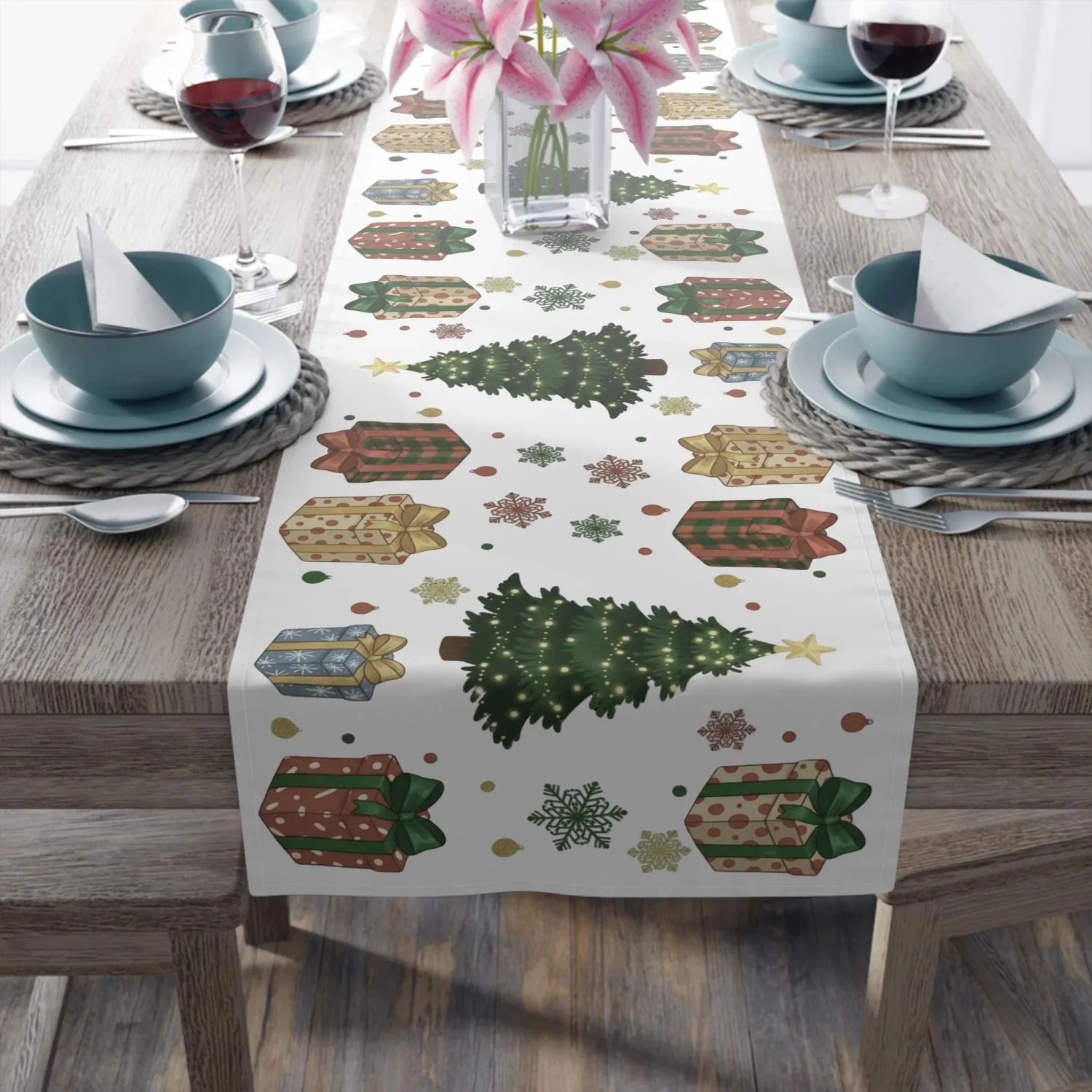 Christmas Table Runner, Rustic Winter Celebration, Gift Table Cover, Houses Under Snow Design Tabletop, Xmas Home Decoration