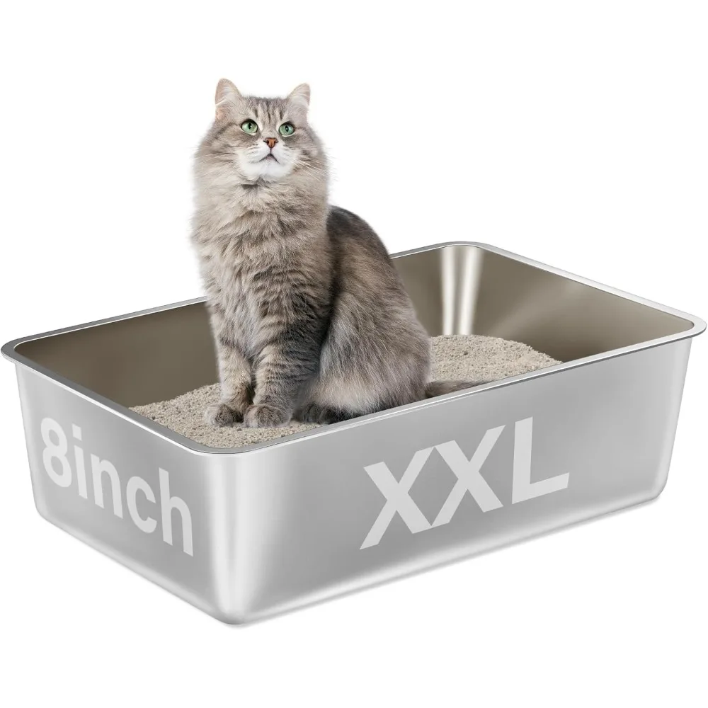 NEU – Edelstahl-Katzentoilette, XXL-Metall-Katzentoilette für große Katzen, 20,3 cm tief, Katzentoilette mit hoher Seite, einfach