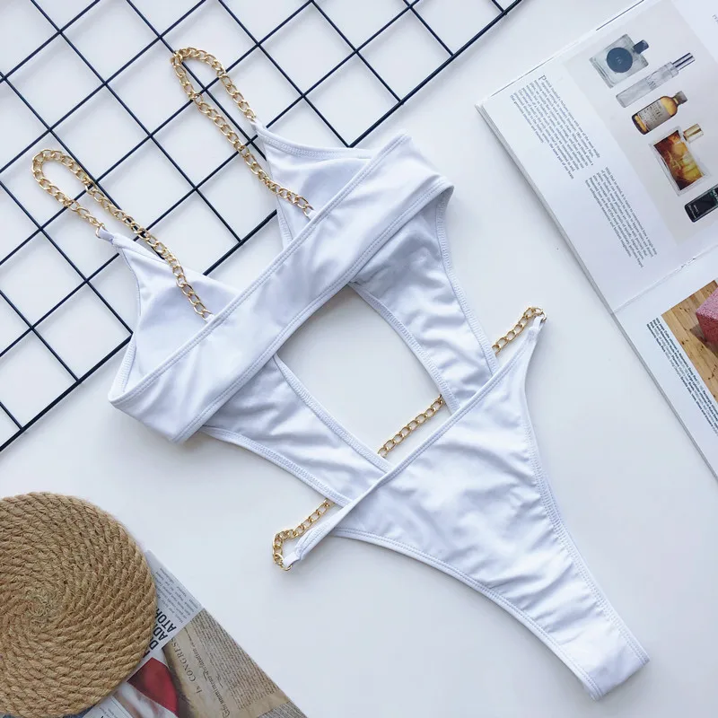 Sexy Solid One Piece Swimsuit with Gold Chain, Hollow Out Trikini Swimsuit Women Swimwear Cutout Bathing Suit Beachwear 2026 New