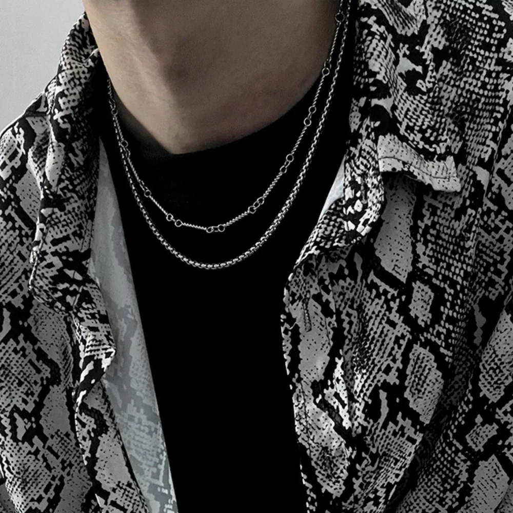 Hip-Hop-Herren-Doppelkreis-Kettenhalskette, Retro-Silberfarben, Edelstahl-Halskette, Modeschmuck, Trendige Pulloverkette – Detail 2