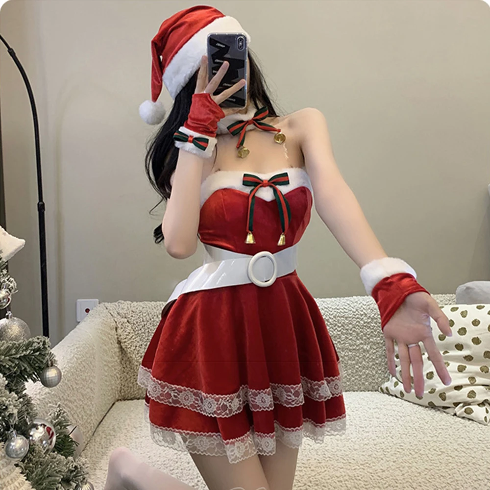 Vrouwen Xmas Sexy Lady Mrs. Santa Claus Cosplay Kostuum Pak Herfst Winter Schattige Rode Fluwelen Mini Jurk Meid Uniform Kerstcadeau