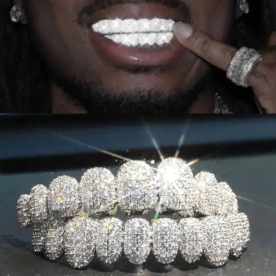 Silver Plated Full Micro Paved CZ Grillz 8 Teeth Top Bottom Hip Hop Grills Rapper Party Cosplay Dental Decor Jewelry