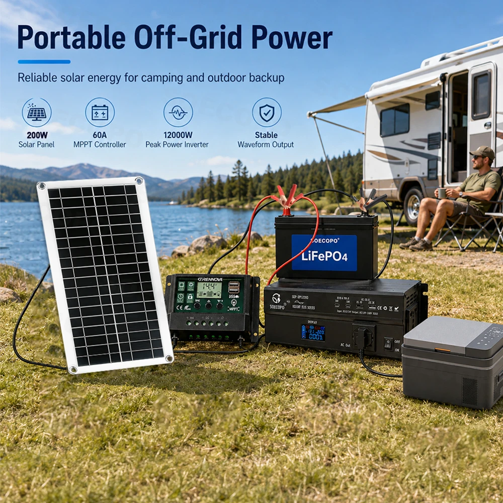 12000W Peak Solar Kit 200W Monocrystalline Panel 60A MPPT Controller 12V 24V To 110V 220V Off‑Grid Power System for Home Camping