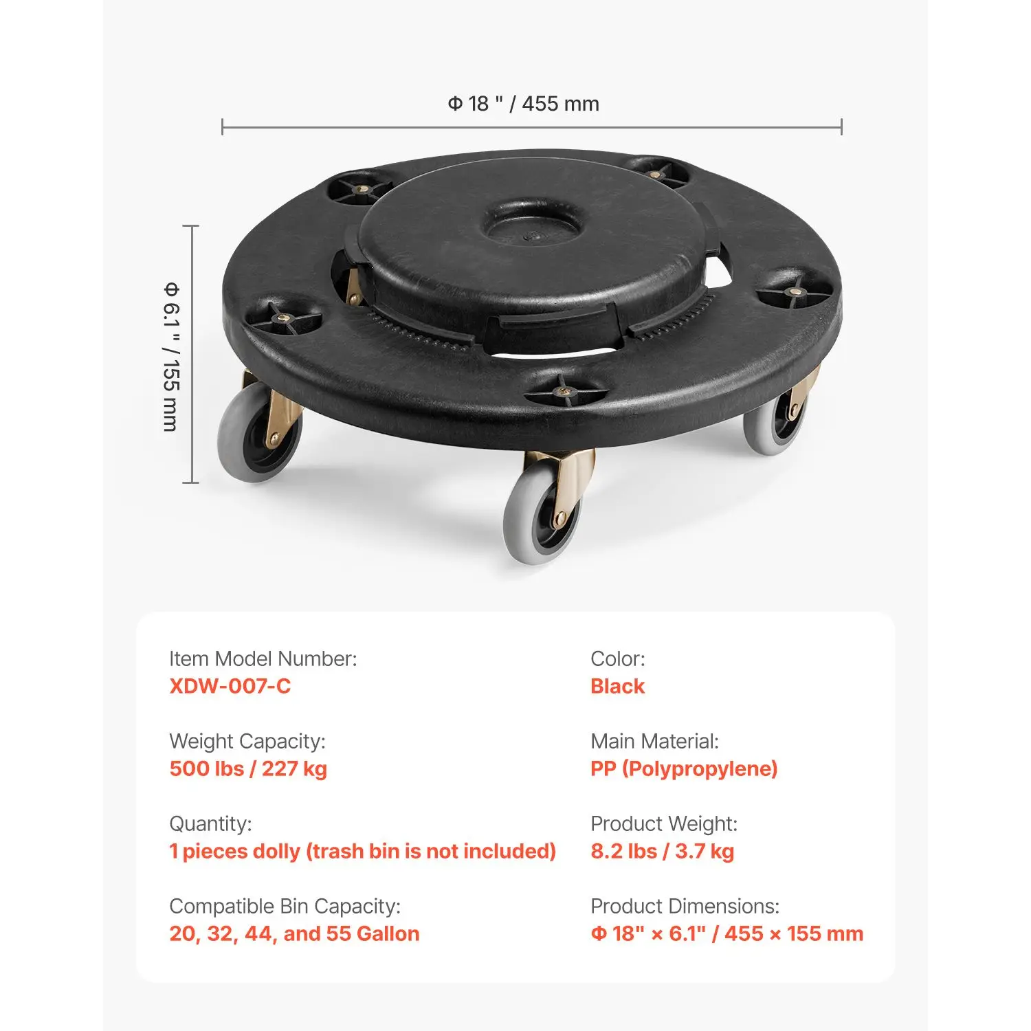 Trash Can Dolly, Fit 20, 32, 44, 55 Gallon Containers, Round Trash Can Roller Base with 4 Lockable Wheels, 500lbs Weight Capacity, Heavy Duty Barrel Dolly, Multi-Functional Rolling Dolly Cart