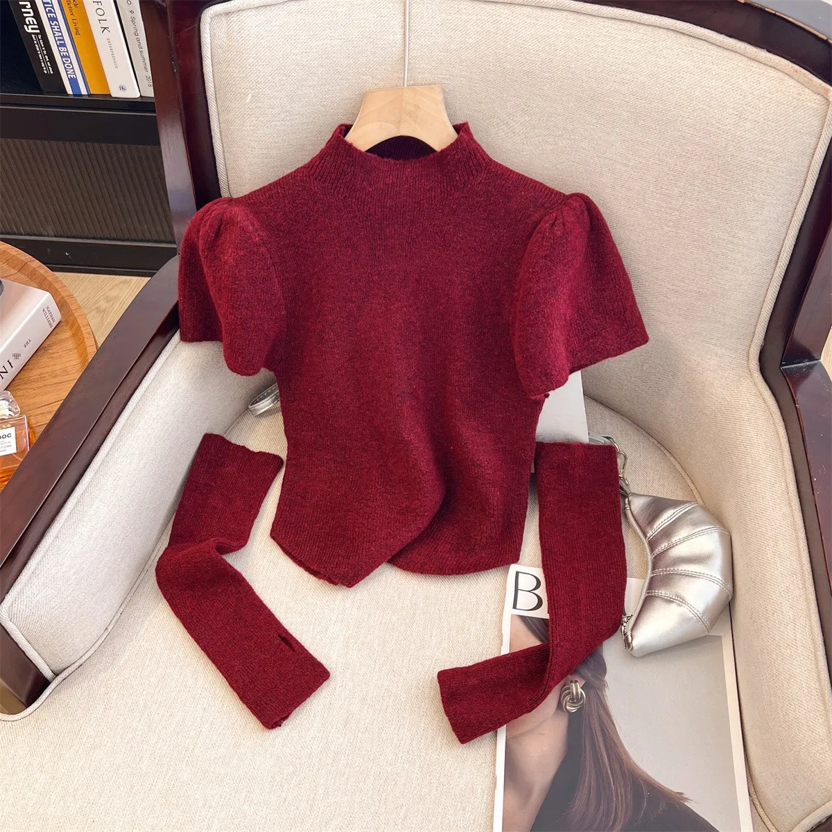 

Ankela Red ort f High Ne Pullover Women's Sweater Autumn Winter Design Detachable Sve Cuffs Sli Top Quali Fabric