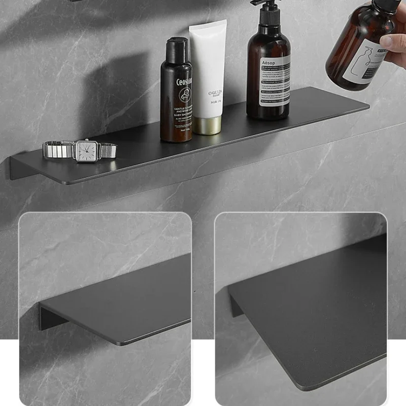 Gray Space Aluminum Mirror Shelf, Thickened Linear Wall Mounted Storage Rack for Bathroom Vanity Drilling Installation