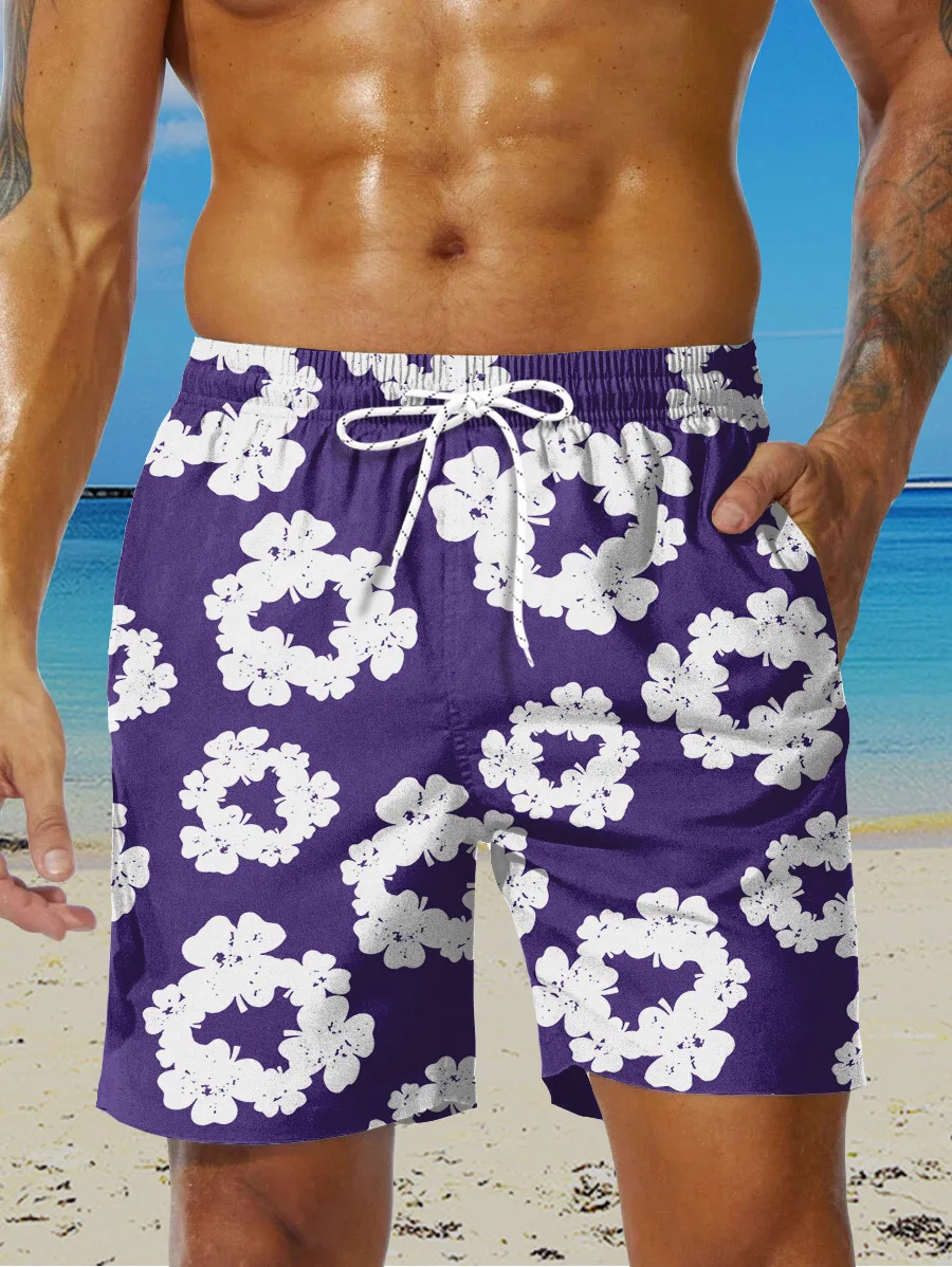 Men's Flower Pattern Graphic Shorts Summer Hawaii Style 3D Printed Casual Shorts Drawstring Trunks Man Sweatpants Shorts