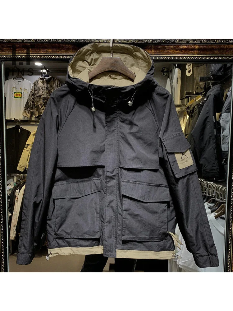 

Autumn Winter Men's Hooded Jaet Thin Cotton Workwear Multi-ket Patchwork Loose Outerwear Trendy Brand Stand Fit