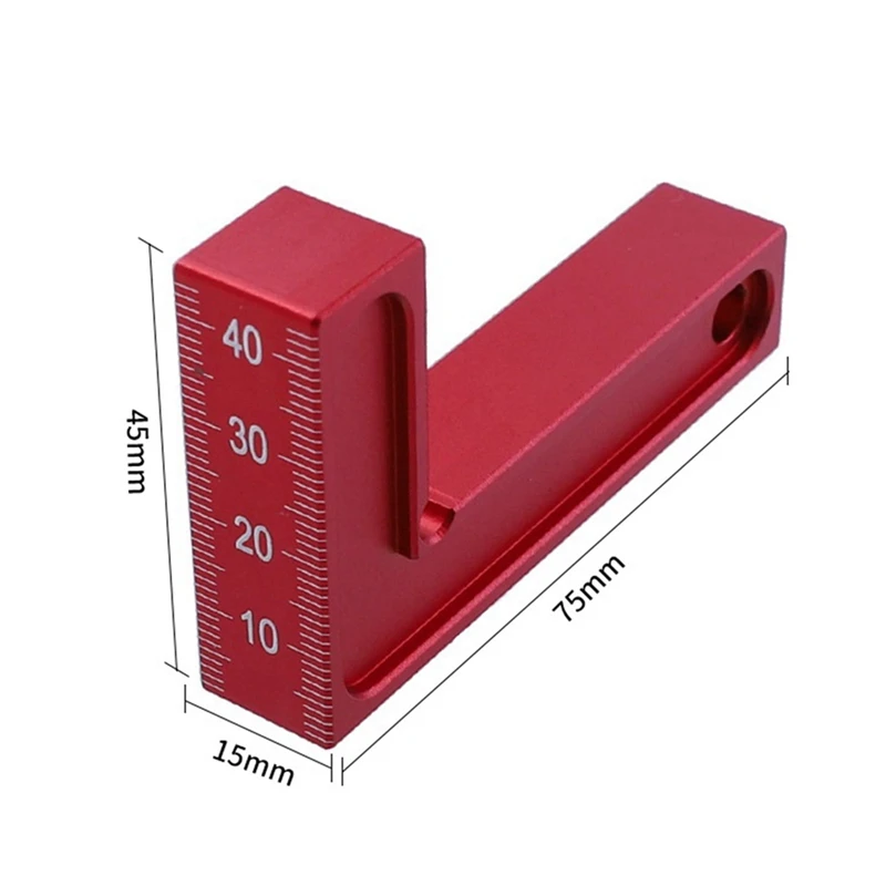 Regla de posicionamiento de ángulo recto graduada roja pequeña cuadrada en forma de L, herramienta de carpintería de aleación de aluminio