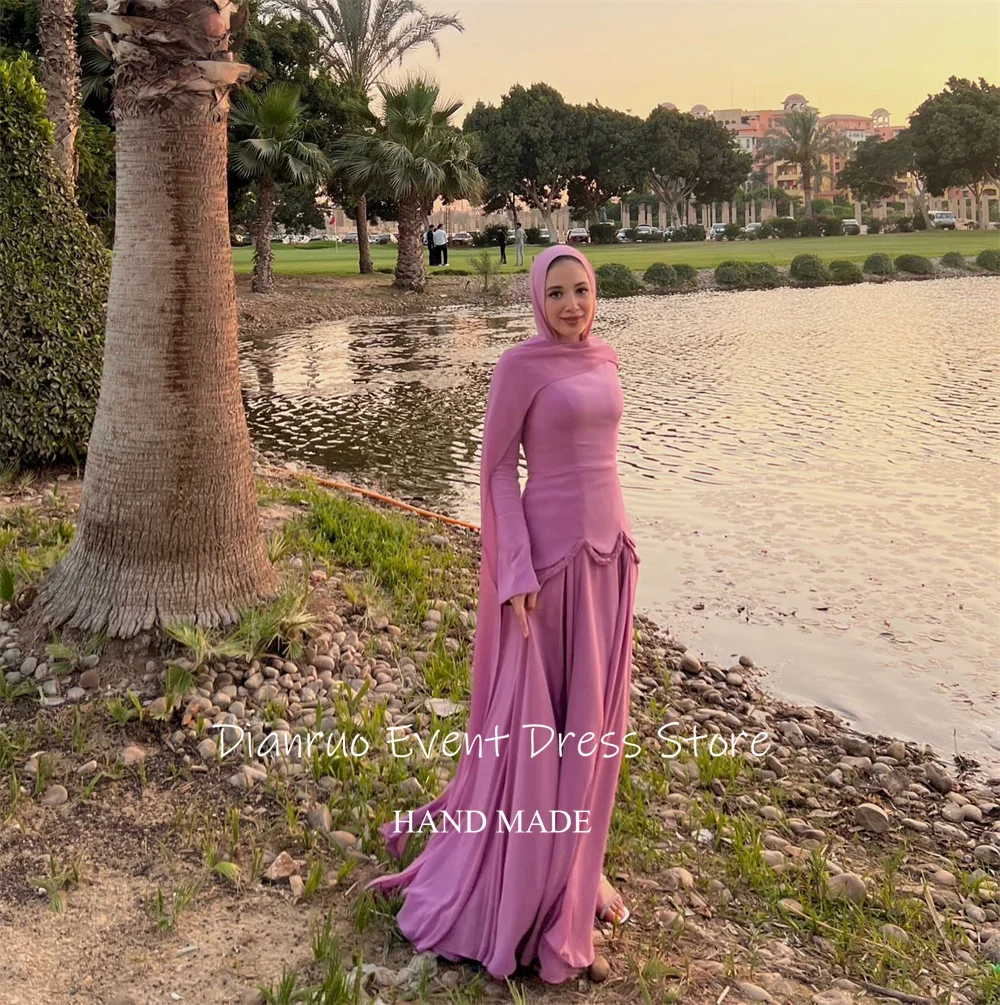 Dianruo uma linha fitas vestido de noite chiffon maxi vestido para ocasiões festivas muçulmano mangas largas abendkleider dubai personalizado