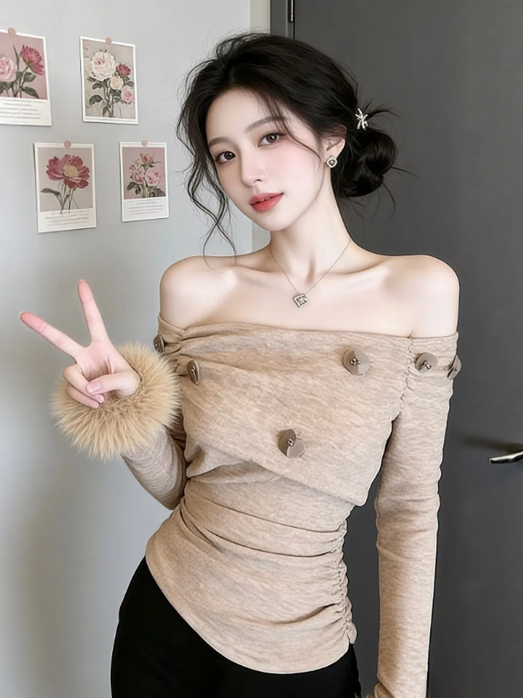 

Ретро-топ с длинным рукавом и одним открытым плечом, с завышенной талией, уникальный, красивый, весенний, модный женский топ для различных случаев