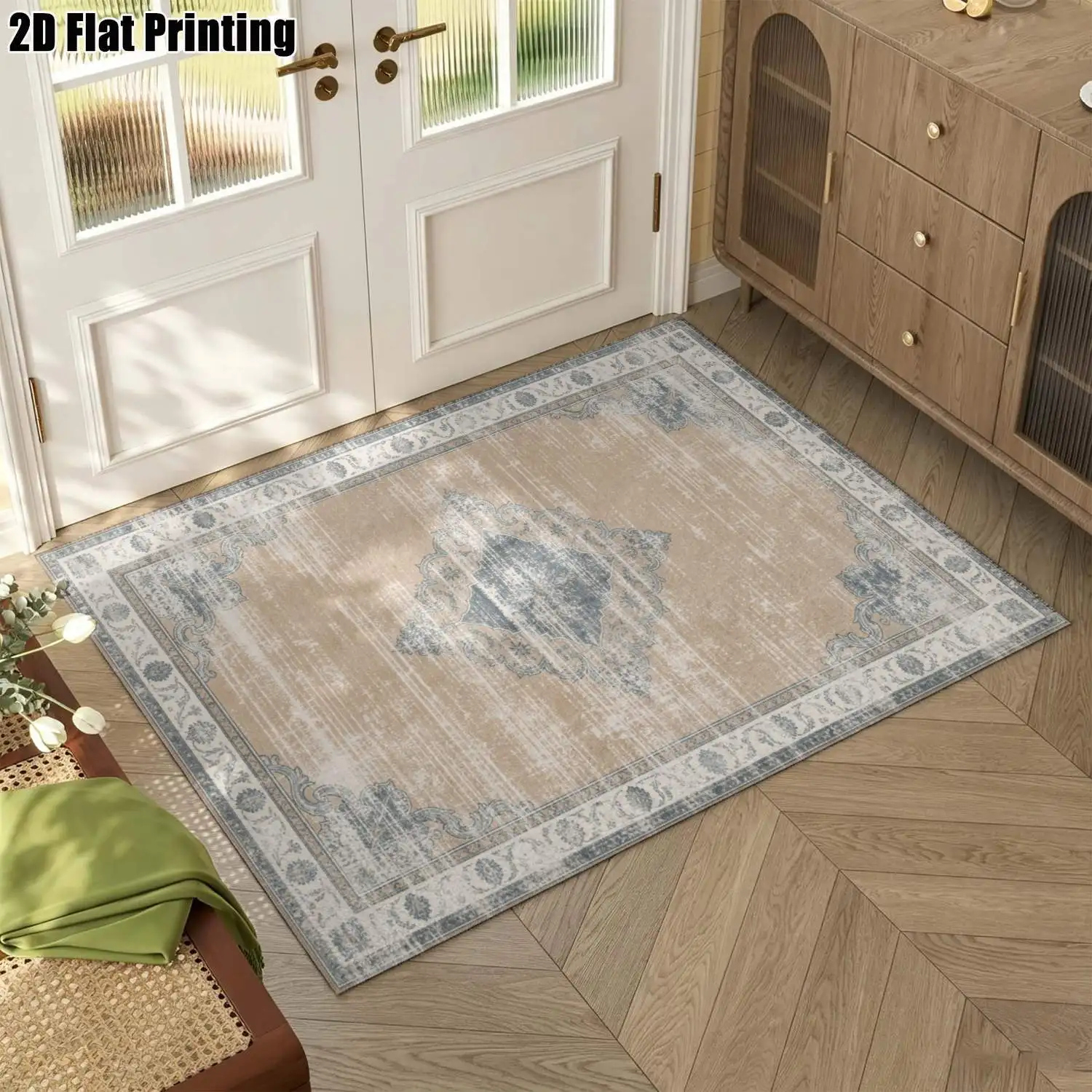 1Pc 2D Printed Retro Blue Brown Geometric Pattern European Bohemian Carpet, Multi-Size, Machine Washable, for Living Room Bedroom Dining Room Entrance Study Home Decoration