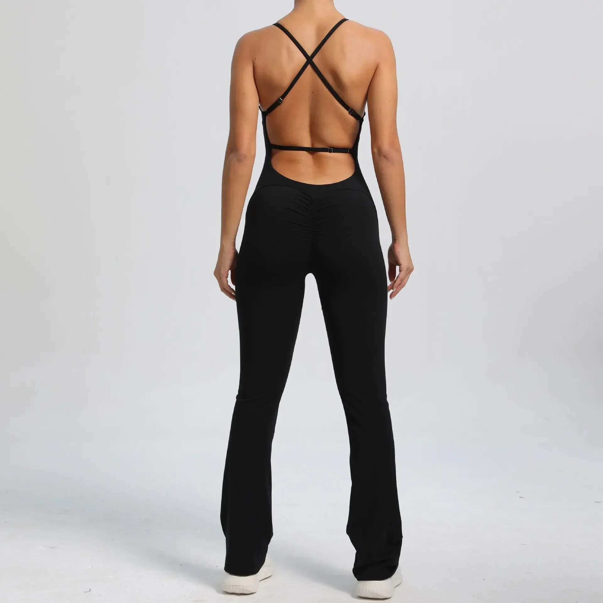 Sexy cruz sem costas scrunch macacão de fitness push up feminino roupas esportivas uma peça conjunto yoga ginásio dança esporte perna larga macacão preto