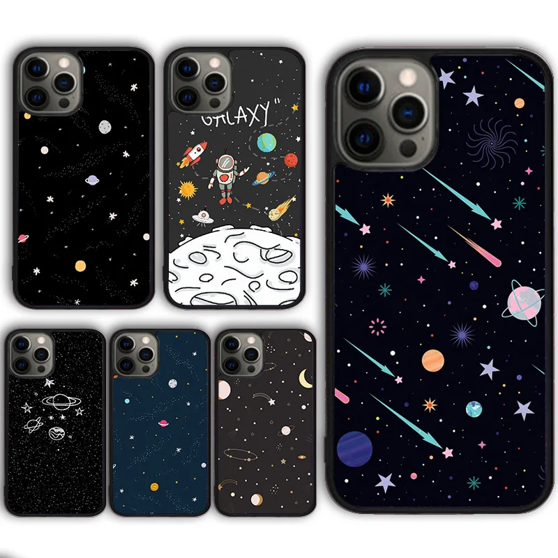 漫画の惑星と星柄のiPhoneケースカバー（iPhone 17 Air、16、16e、15、13、14、11、12 Pro Max Plus対応）