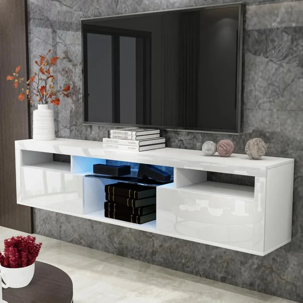 Flutuante LED TV Stand, branco montado na parede, entretenimento Media Center, console com gabinete, TV Stand, 70 ", 75", 80 ", 85"