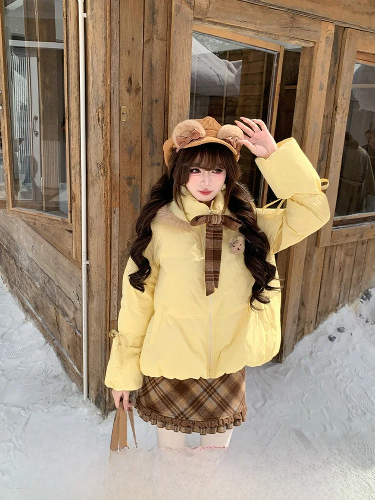 

Butter Soft Yellow Cotton Jaet Women's ort Hooded Coat with Fur Collar Winter Cute Sle Simple Design Loose Fit Commute