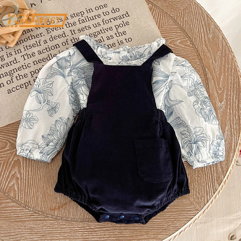 

Spring Autumn Baby Girls Long Sleeves Printing Shirt + Corduroy Rompers Clothes Suit Infant Kids Baby Girls Clothing Suit 0-3Yrs