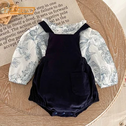 Spring Autumn Baby Girls Long Sleeves Printing Shirt + Corduroy Rompers Clothes Suit Infant Kids Baby Girls Clothing Suit 0-3Yrs