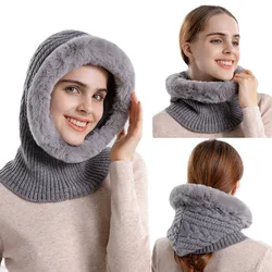 Winter Warm Hat for Women Russia Outdoor Plush Knitted Beanies Female Soft Fur Balaclava Cap All-in-one Ear Muffs Hoodies Hats