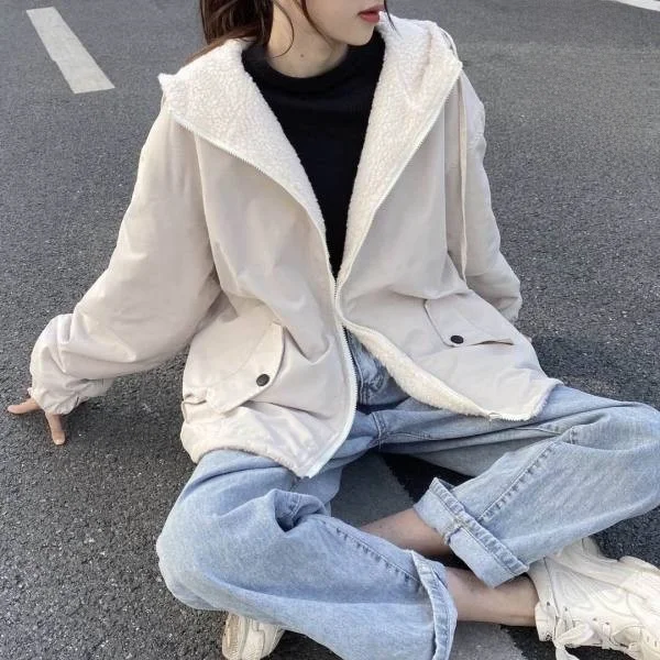 

Женская двусторонняя куртка из овечьей шерсти, осенне-зимняя, новая, корейский стиль, свободный крой, утепленная флисовая рабочая одежда, модная, в стиле INS, хлопковая