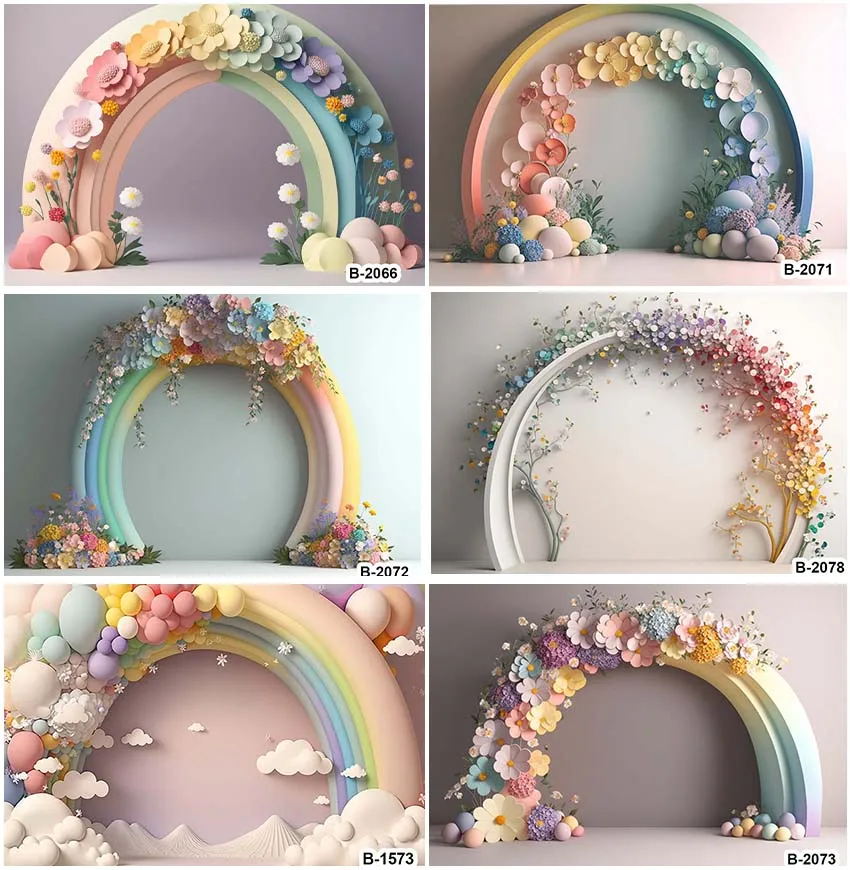 Rainbow Color Arched Shape Wedding Party Interior Decoration Backdrops Floral Cake Smash Studio Banner Backgrounds Photography