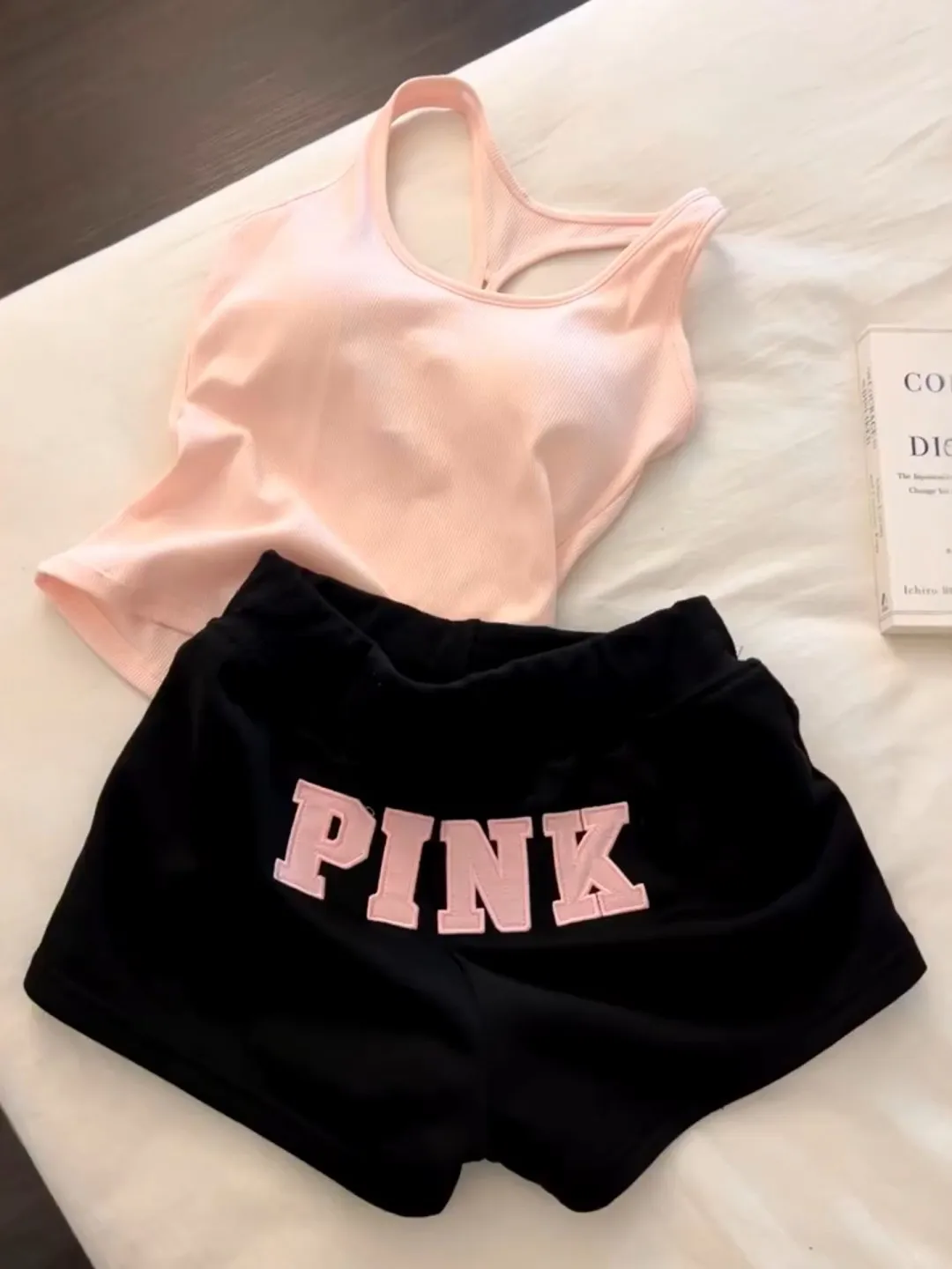 

Sweet Style Pink Strap Vest Letter Print Shorts Two-Piece Set Women Summer New Elegant Slimming Fashionable Casual Outfit