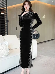 Autumn Winter Black Velver Diamonds Chic Off Shoulder Long Dress Women Elegant Luxury Evening Dress 2026 Korean Bodycon Vestidos