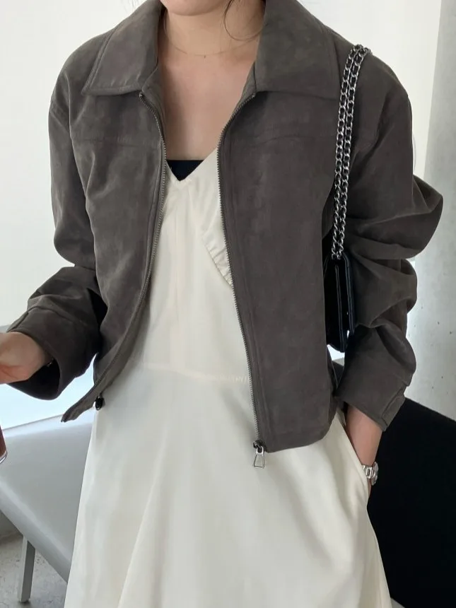 

Замшевое пальто в стиле ретро, Гонконг, женское осеннее новое пальто небольшого размера на молнии, верхняя одежда, свободный крой, корейский Sle