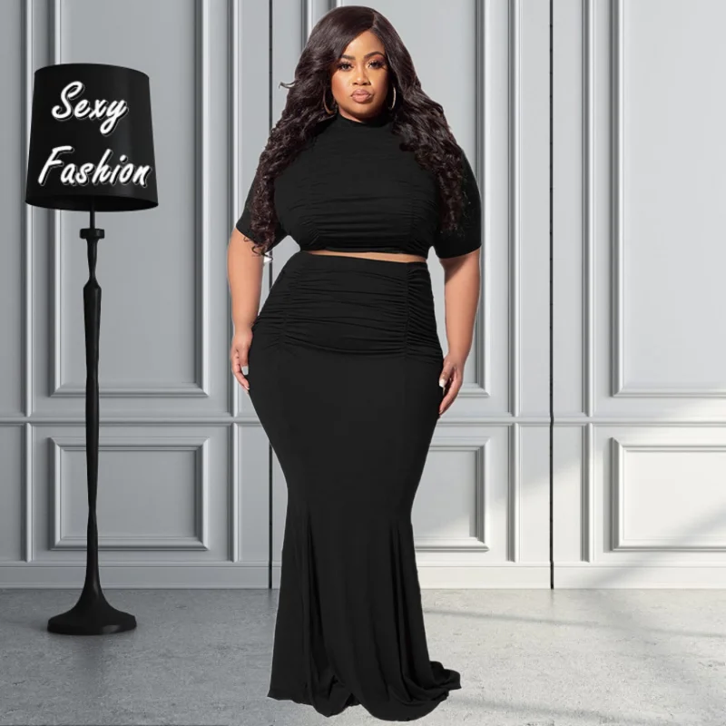 WSFEC Plus Size Women Clothing Two Piece Sets 2023 Spring Summer Outfits Bodycon Short Sleeve Pleated Sexy Skirt Suits Wholesale